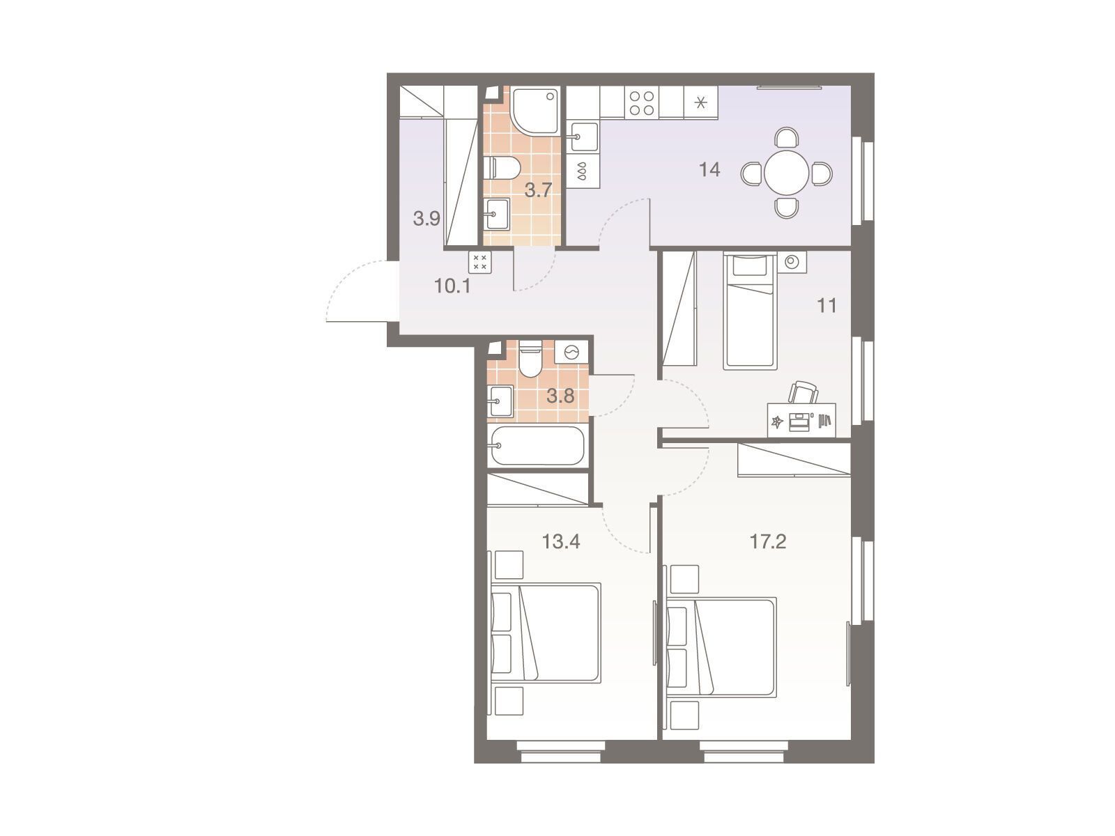Планировка: 3-комн. квартира 77.40 м² в новостройке Твелв