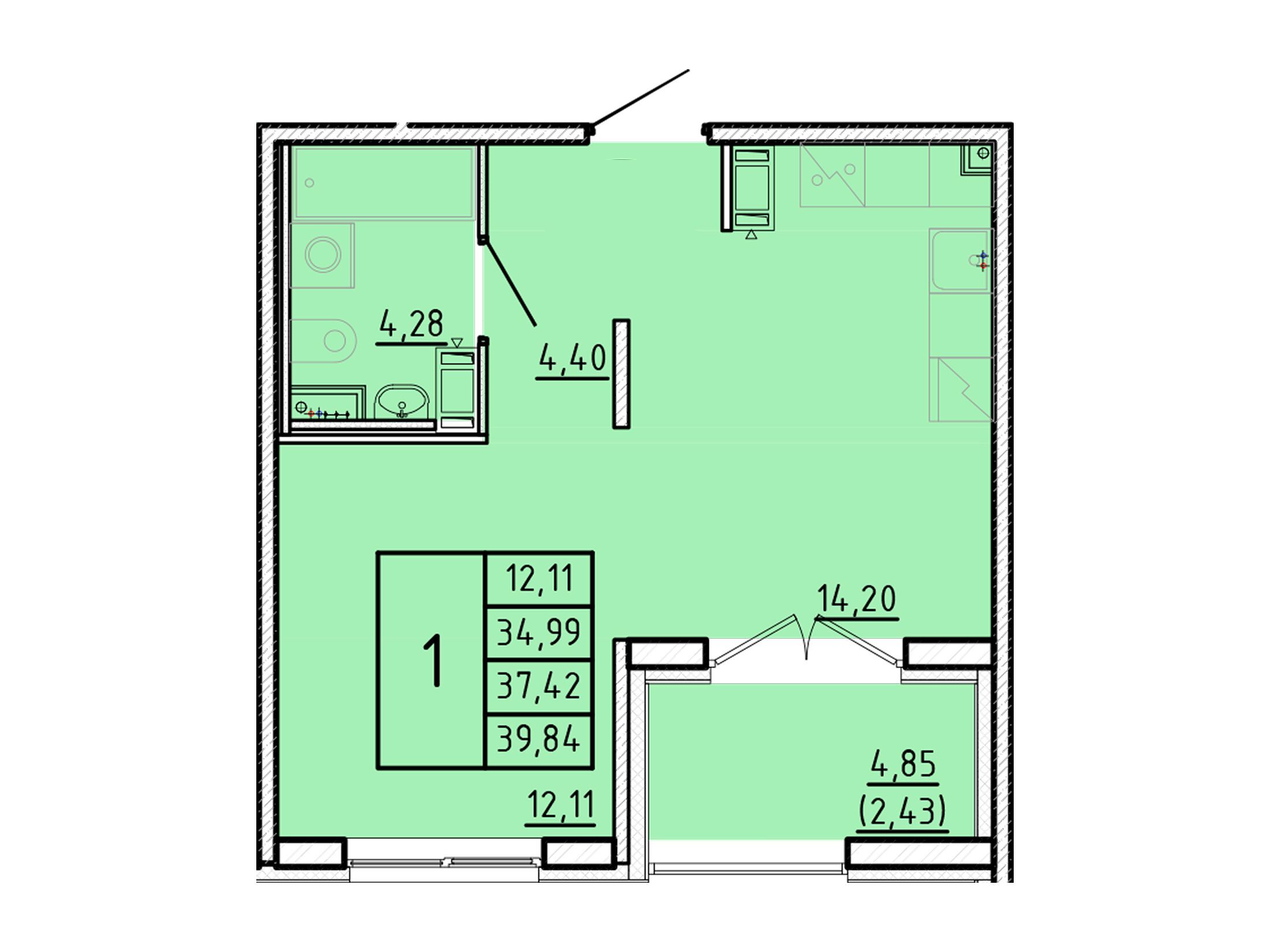 Планировка: 1-комн. квартира 34.99 м² в новостройке Образцовый квартал 16