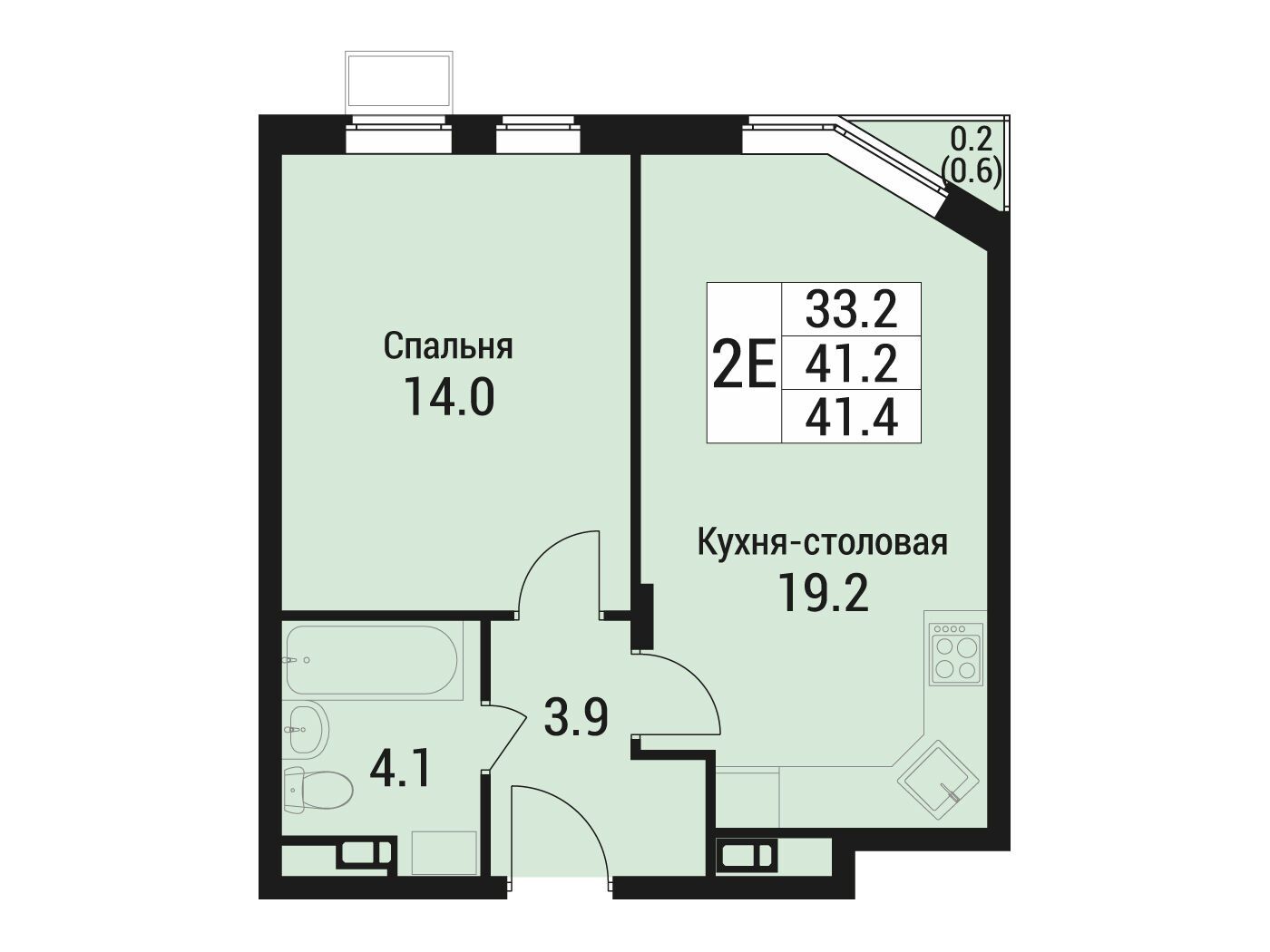 Планировка: 2-комн. квартира 41.40 м² в новостройке Дом в Малаховке
