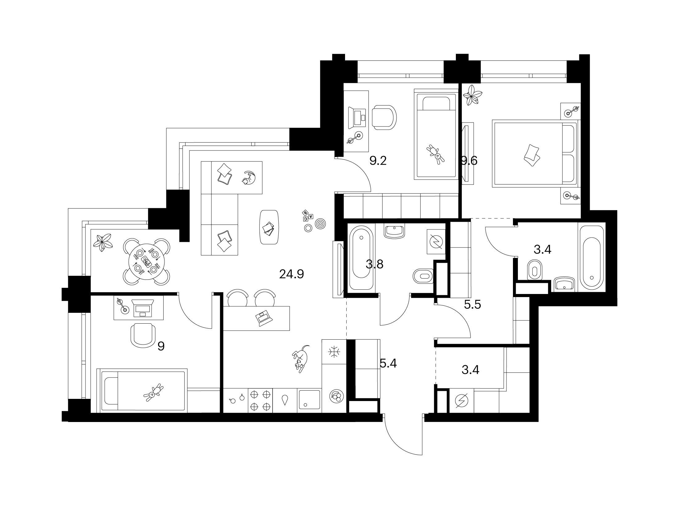 Планировка: 3-комн. квартира 74.20 м² в новостройке Строгино 360