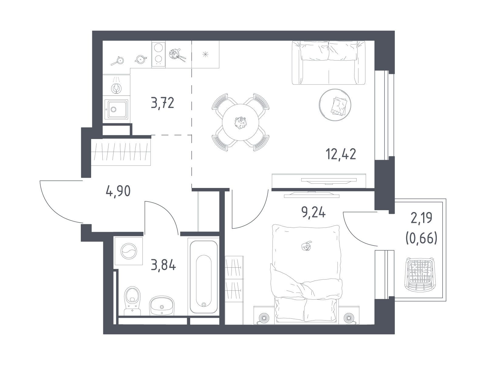 Планировка: 1-комн. квартира 34.78 м² в новостройке Новое Видное