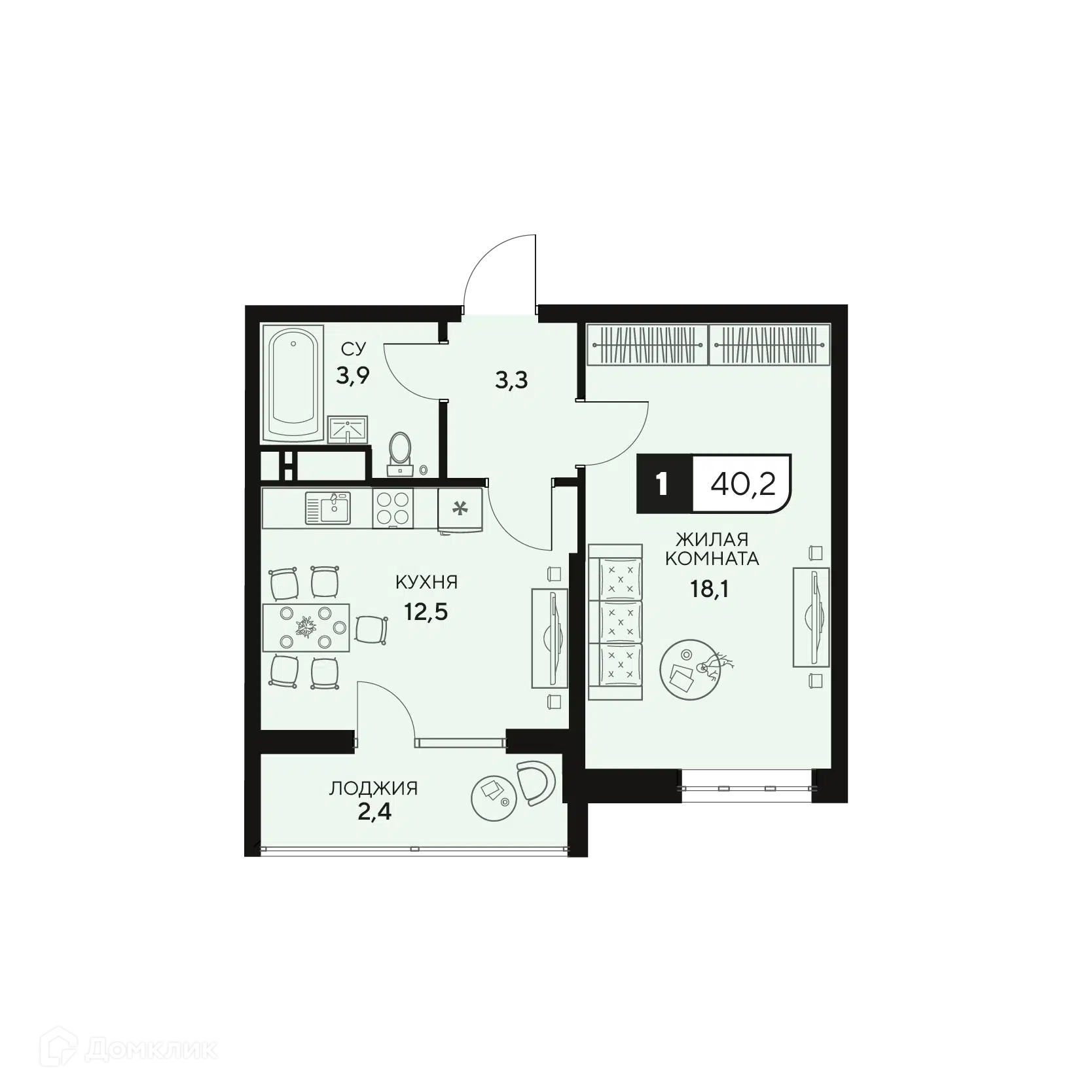 Планировка: 1-комн. квартира 40.20 м² в новостройке 18/3
