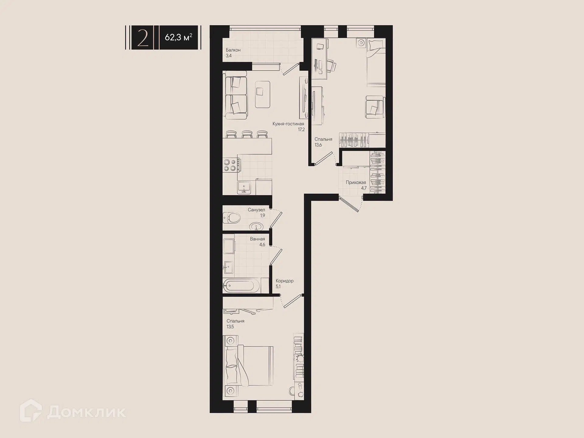 Планировка: 2-комн. квартира 62.30 м² в новостройке Эрмитаж