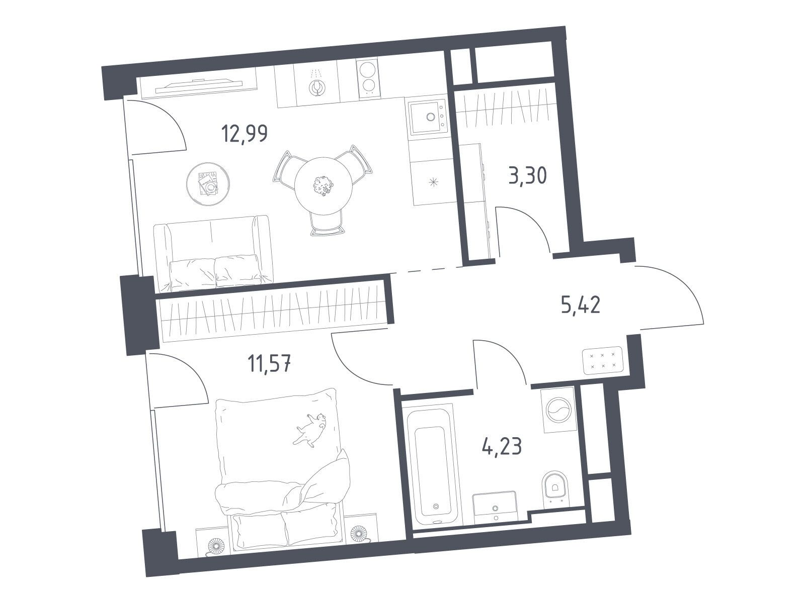Планировка: 1-комн. квартира 37.51 м² в новостройке Квартал на воде