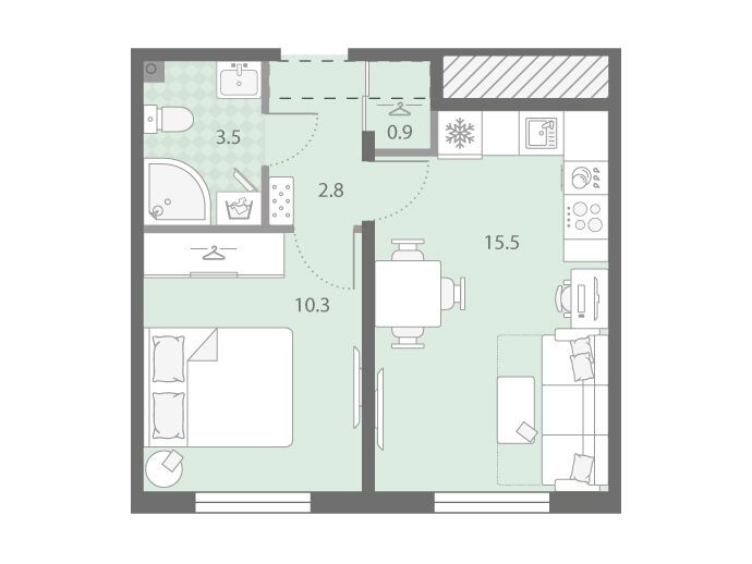 Планировка: 1-комн. квартира 33.00 м² в новостройке Дыбенко Парк