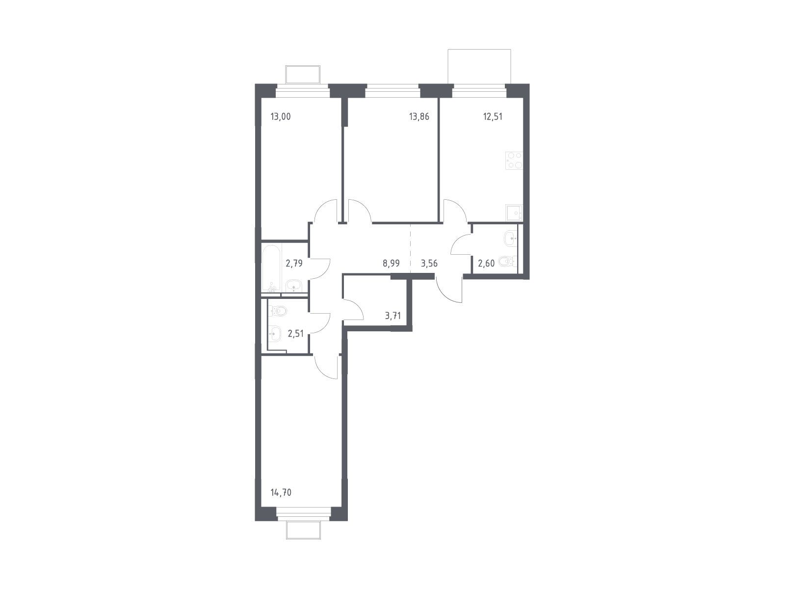 Планировка: 3-комн. квартира 76.80 м² в новостройке Новое Видное