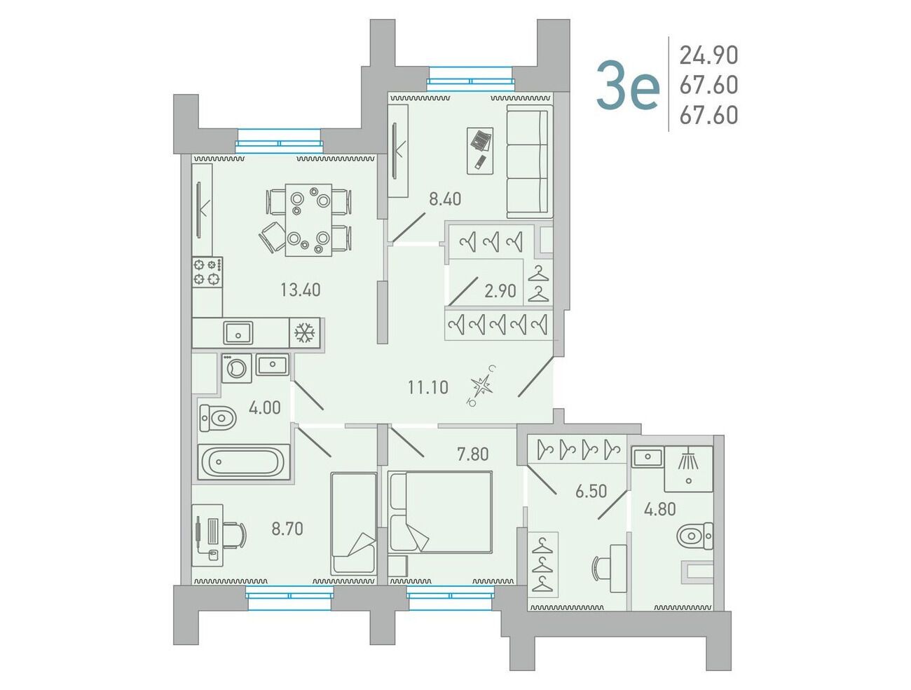 Планировка: 3-комн. квартира 67.90 м² в новостройке Лово