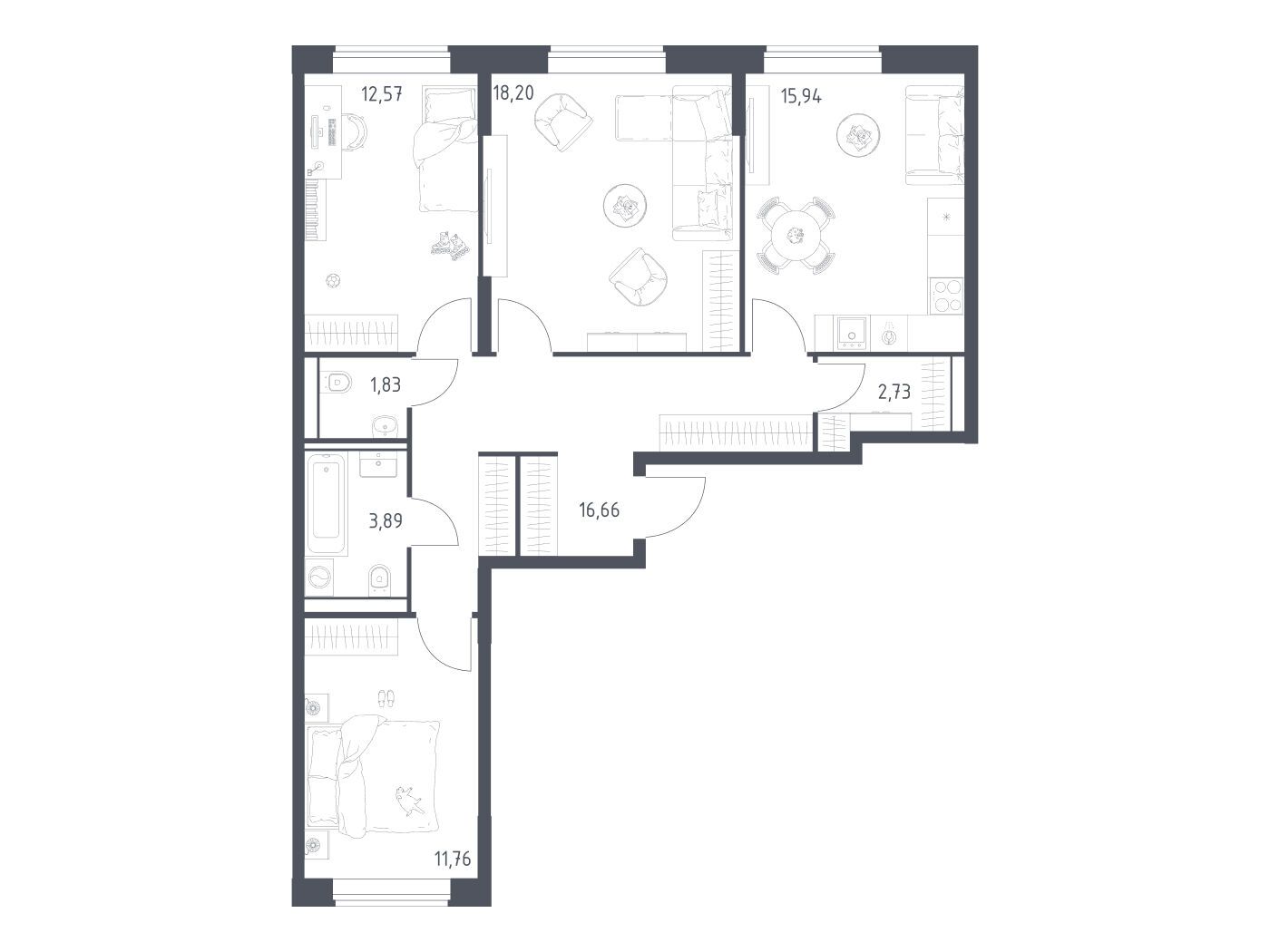 Планировка: 3-комн. квартира 83.58 м² в новостройке Квартал Домашний