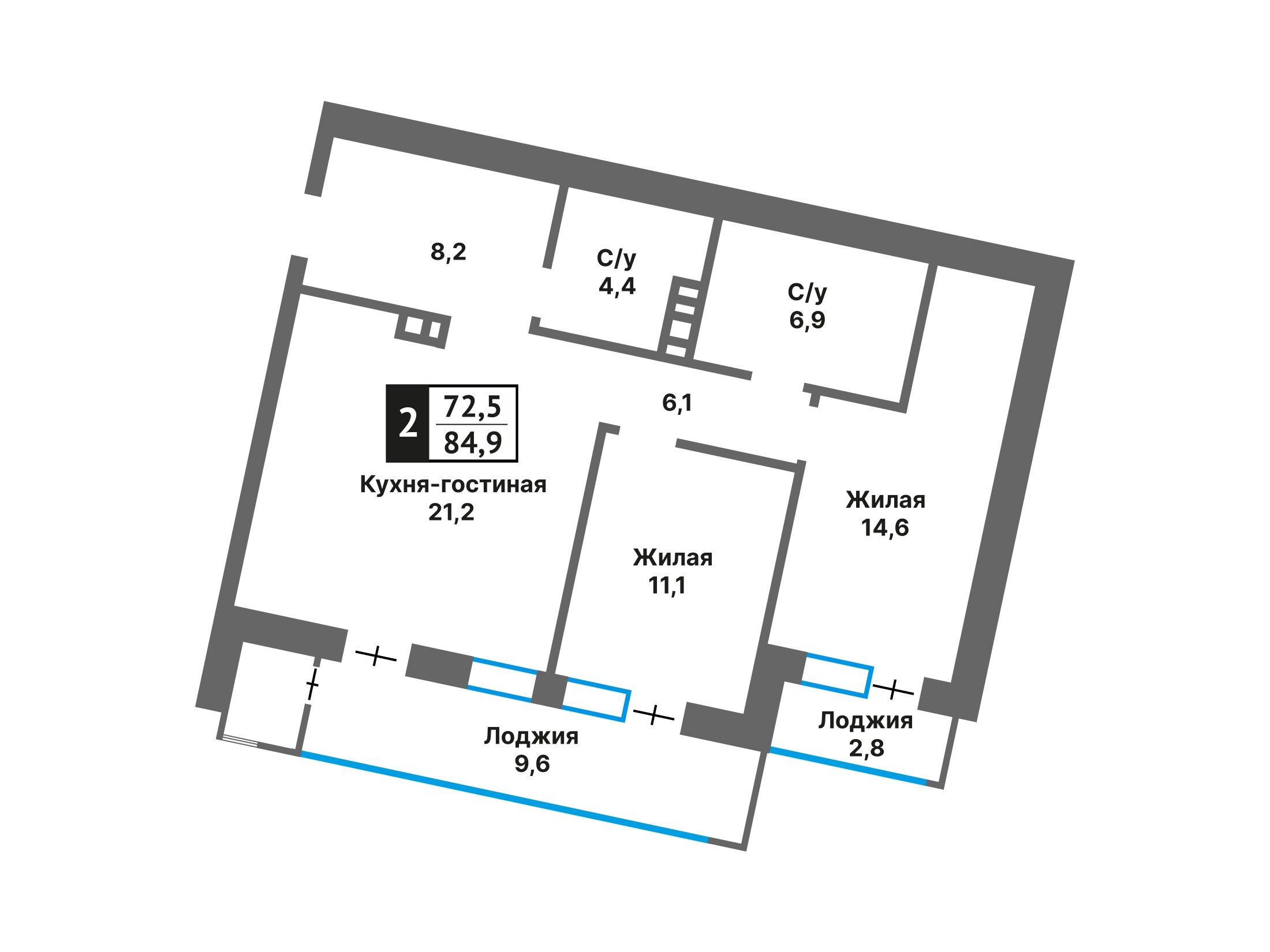 Планировка: 2-комн. квартира 72.50 м² в новостройке Отрада на реке