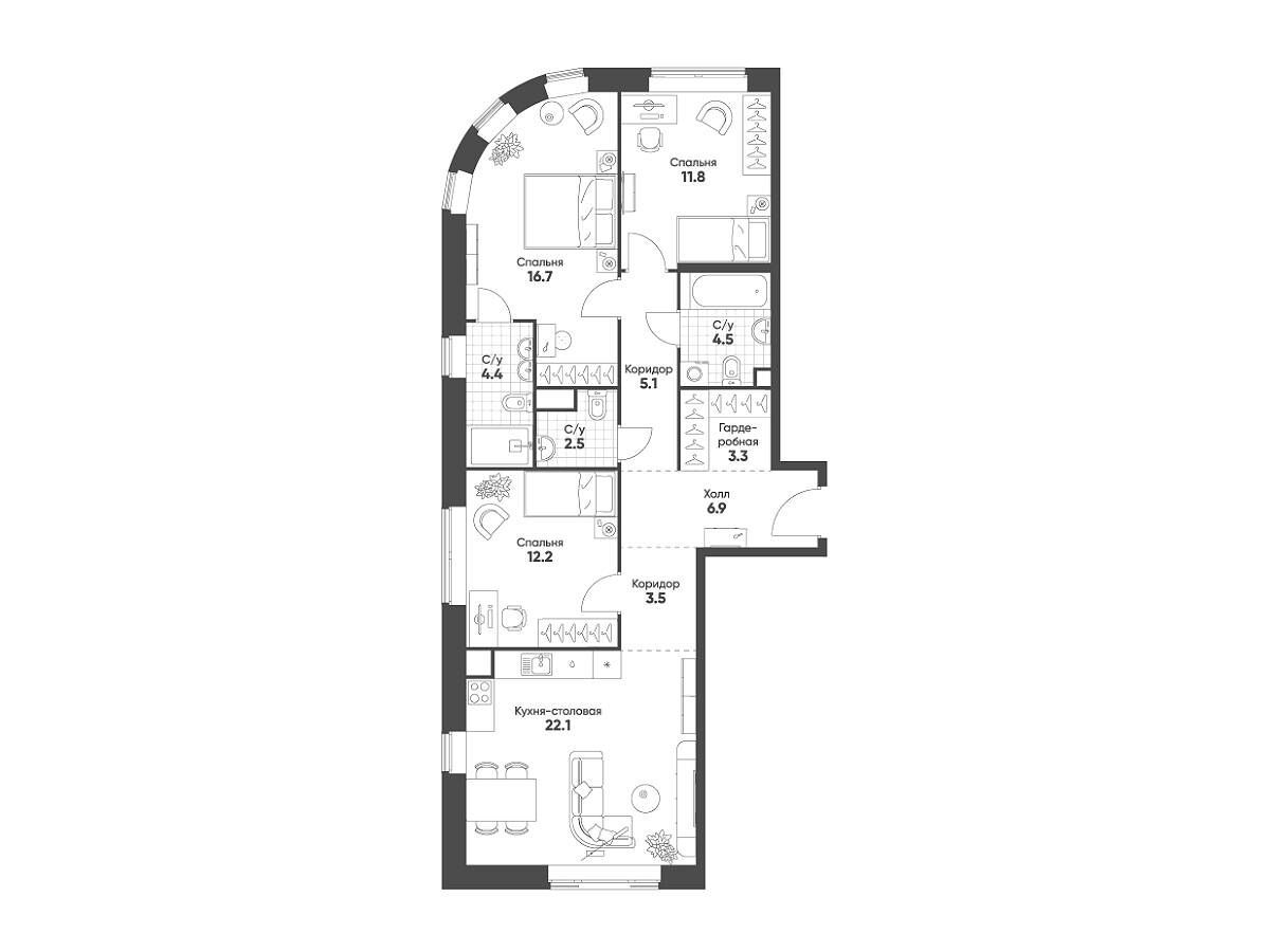 Планировка: 3-комн. квартира 93.00 м² в новостройке Мариин Парк