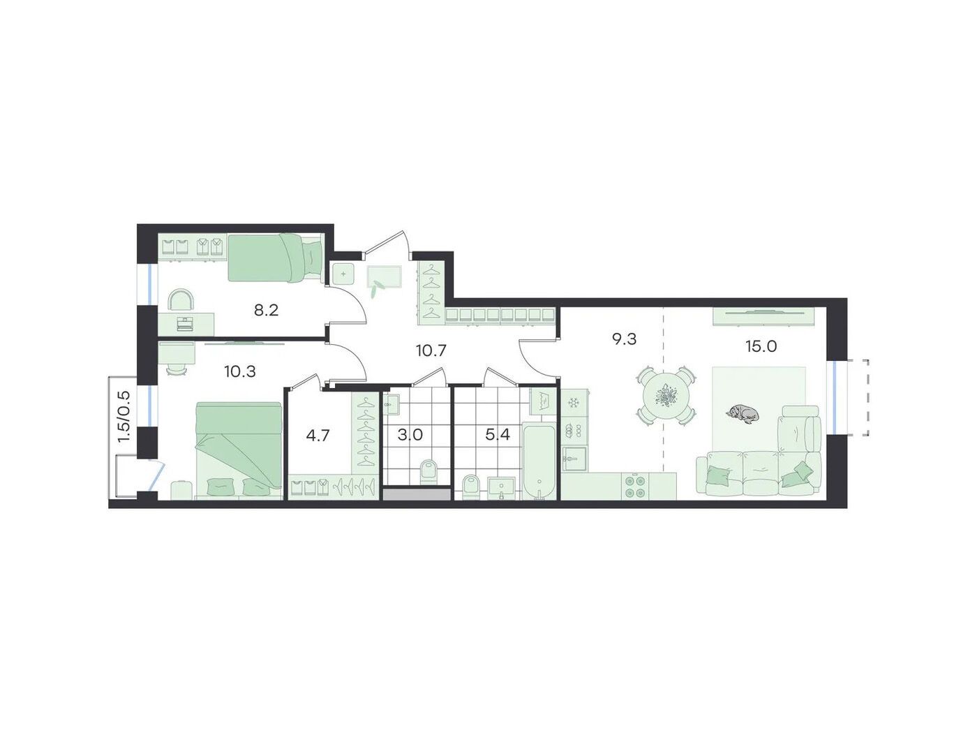 Планировка: 3-комн. квартира 68.60 м² в новостройке Джи Три Театральный