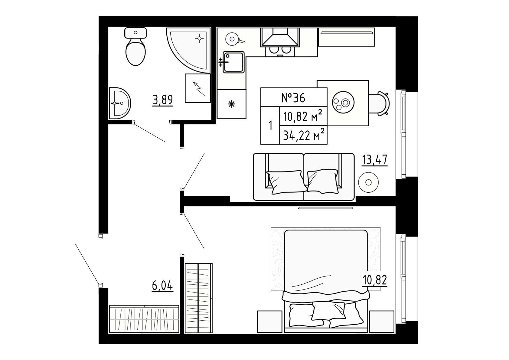 Планировка: 1-комн. квартира 34.22 м² в новостройке Аннино Сити