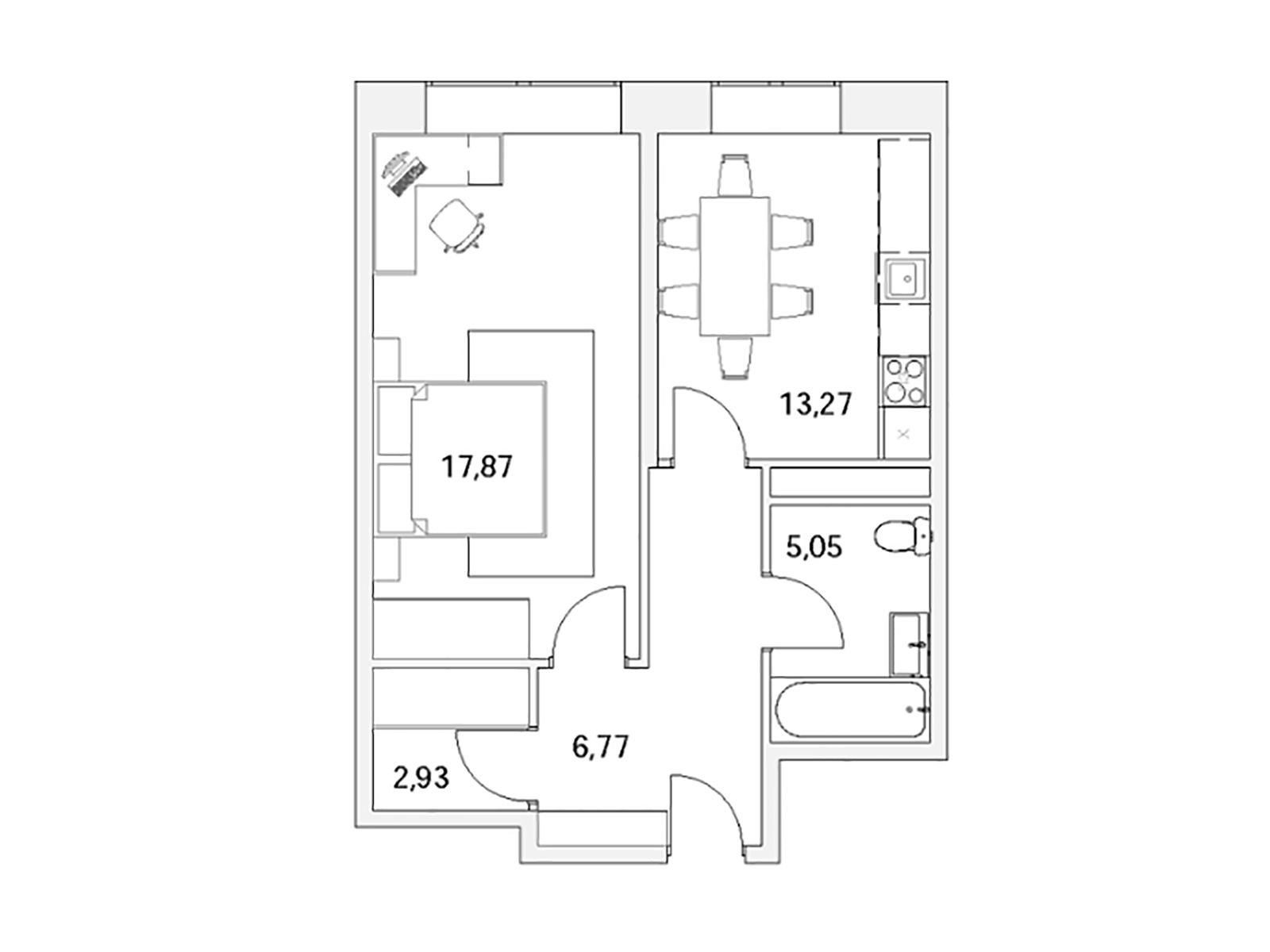 Планировка: 1-комн. квартира 45.46 м² в новостройке Бруно