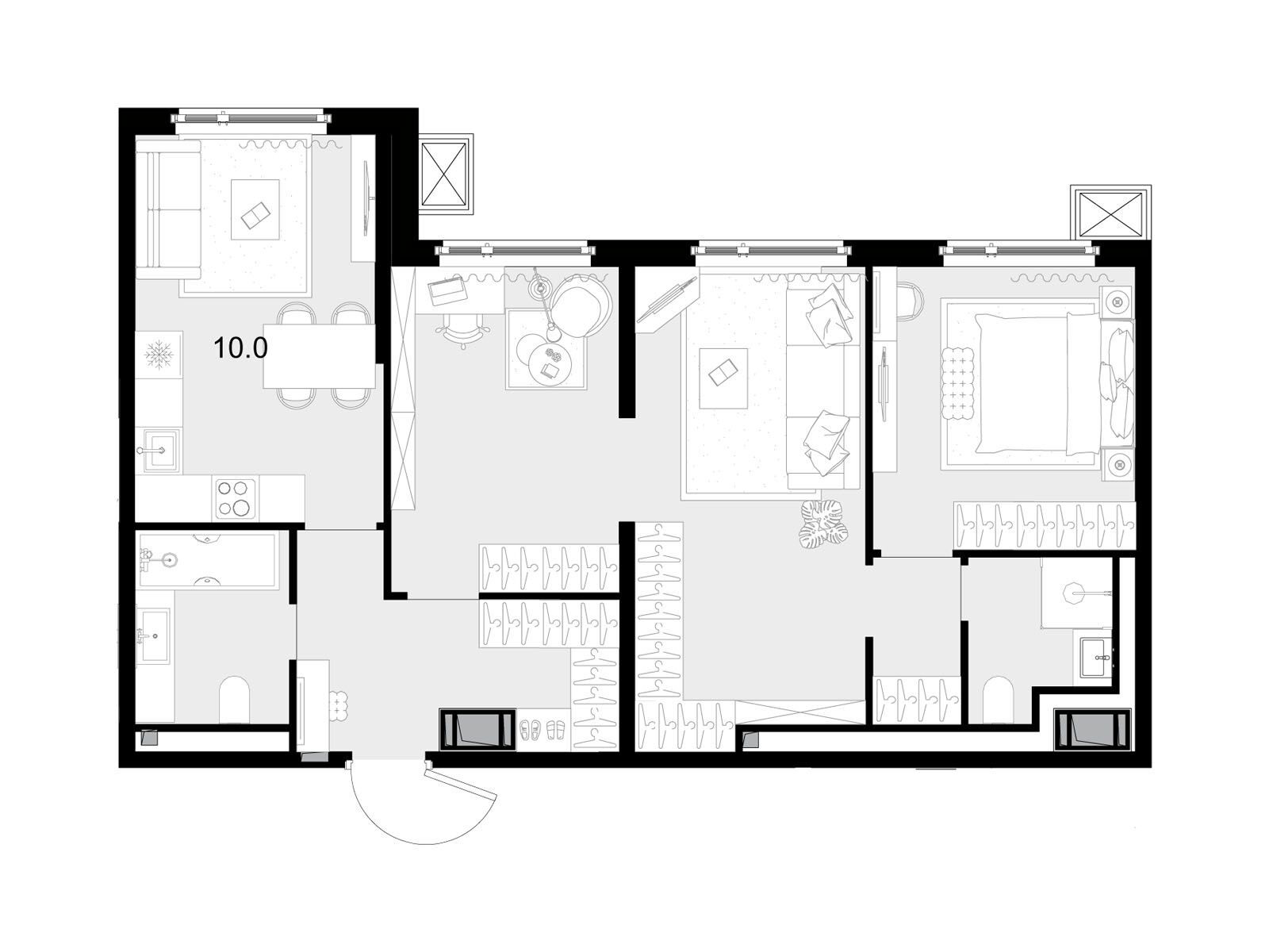Планировка: 3-комн. квартира 68.50 м² в новостройке Малевич