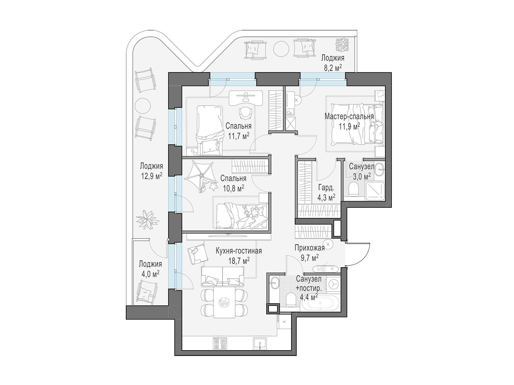 Планировка: 3-комн. квартира 87.60 м² в новостройке Форивер