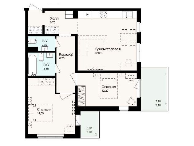 Планировка: 3-комн. квартира 71.30 м² в новостройке Новая Дубровка
