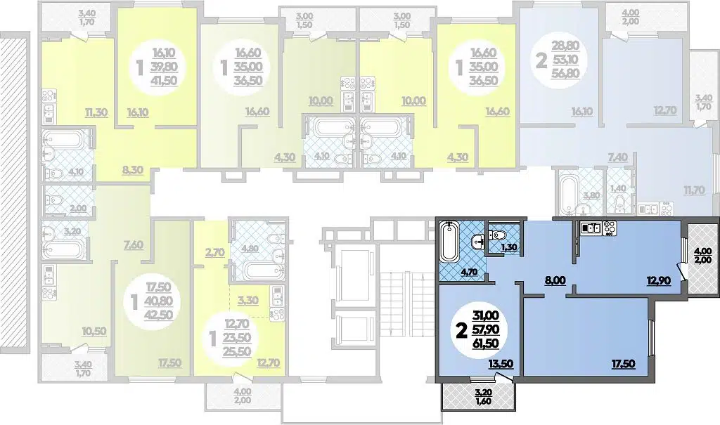 Планировка: 2-комн. квартира 61.50 м² в новостройке ЖК Парк у дома