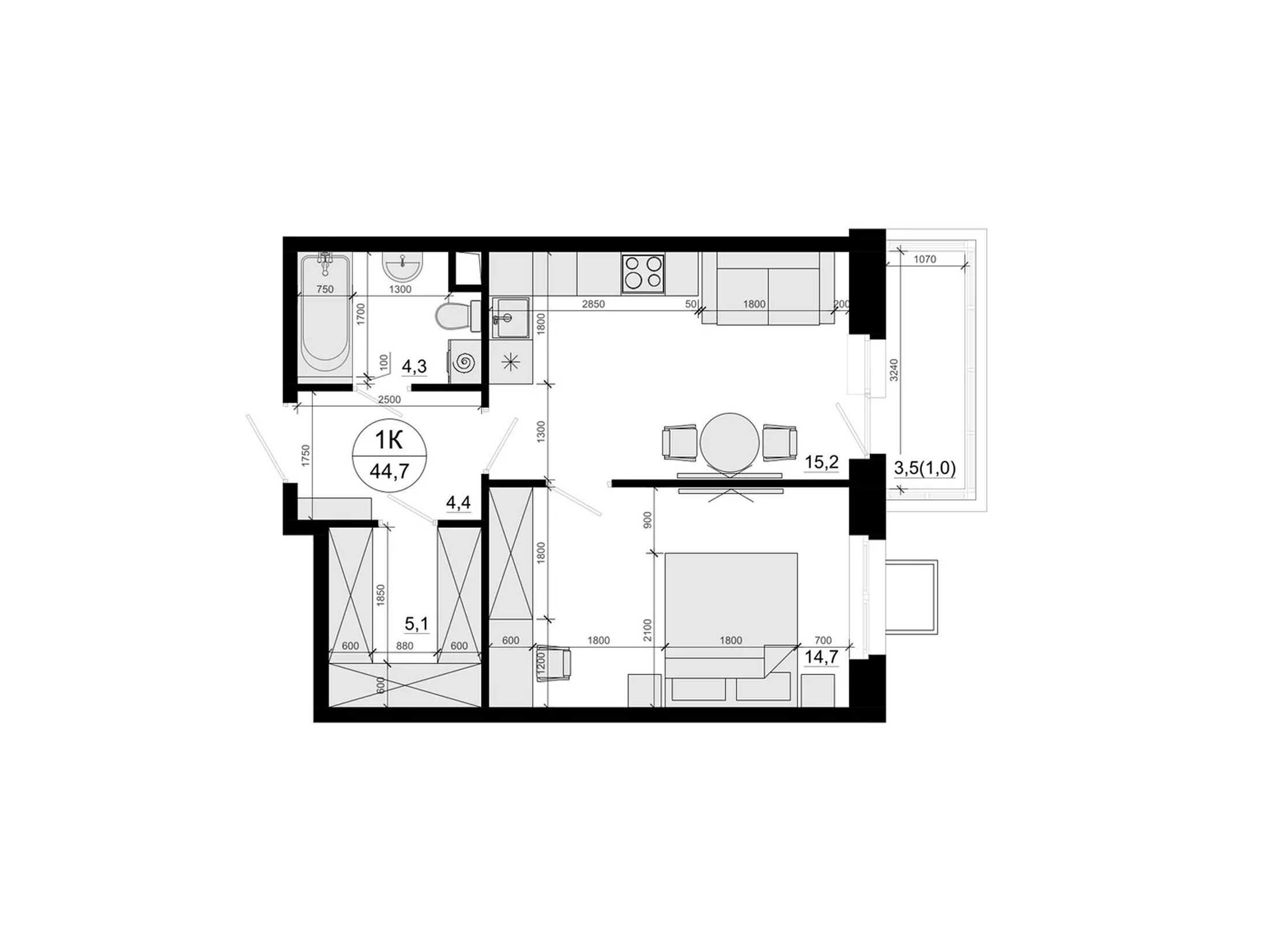Планировка: 1-комн. квартира 44.30 м² в новостройке ЖК Одинцовские кварталы