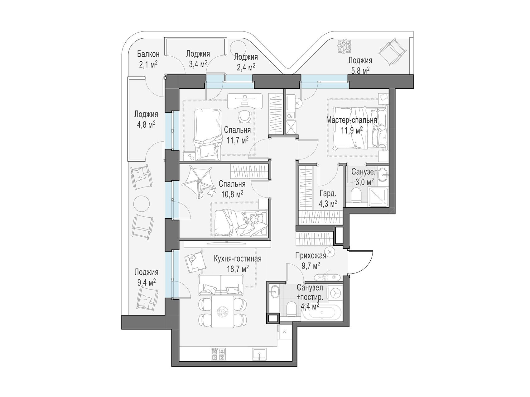 Планировка: 3-комн. квартира 88.80 м² в новостройке Форивер