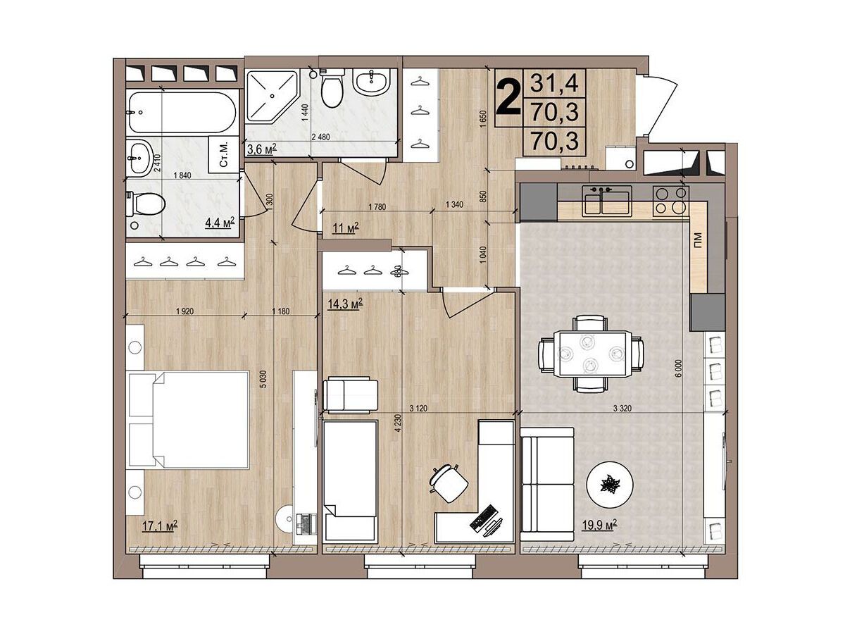 Планировка: 2-комн. квартира 70.30 м² в новостройке Гранд Комфорт