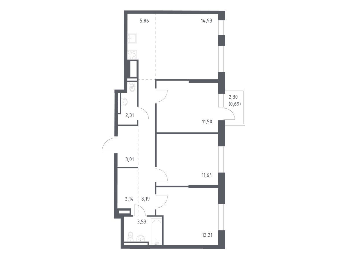 Планировка: 3-комн. квартира 77.01 м² в новостройке Лаголово