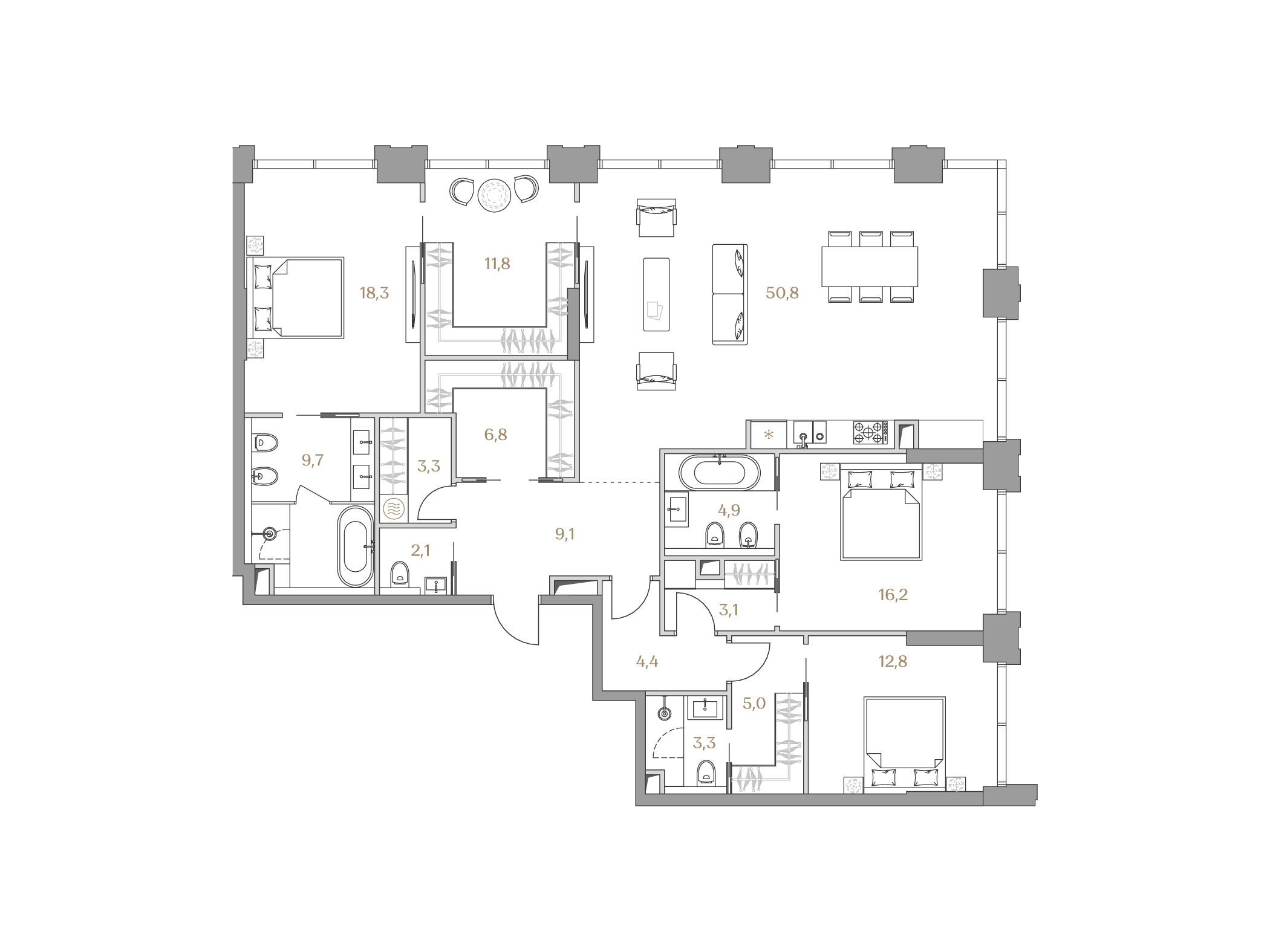Планировка: 3-комн. квартира 161.60 м² в новостройке Коллекция Лужники