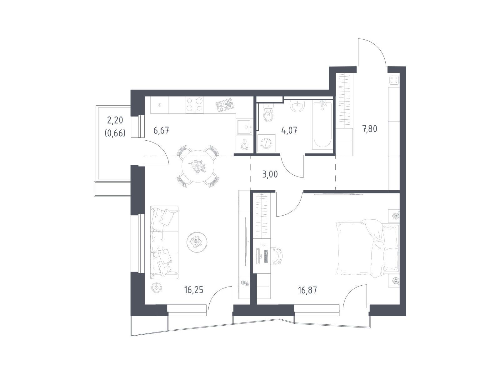 Планировка: 1-комн. квартира 54.90 м² в новостройке ЖК Квартал Авиаторов