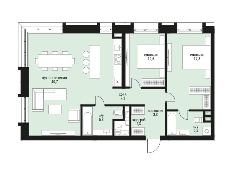 Планировка: 2-комн. квартира 94.50 м² в новостройке ЖК Шелепиха