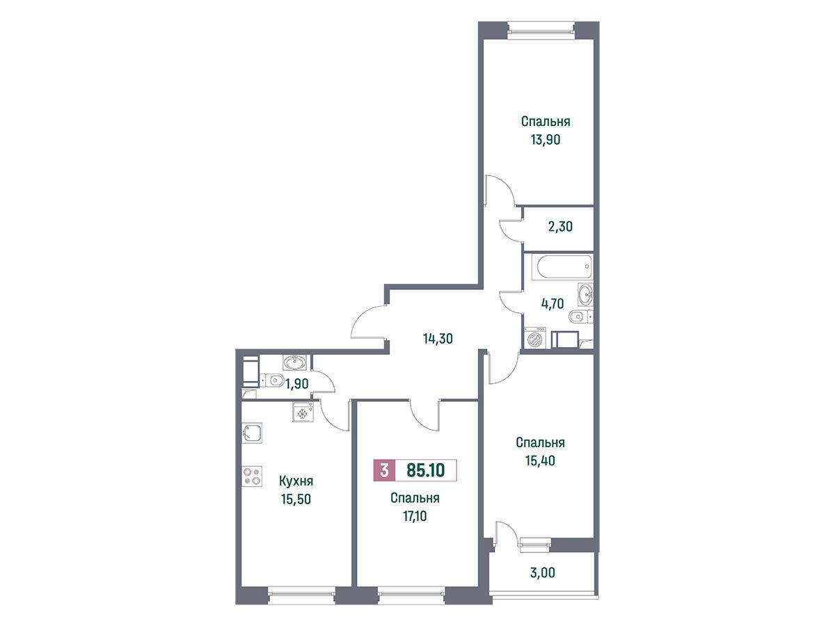 Планировка: 3-комн. квартира 85.10 м² в новостройке Фотограф