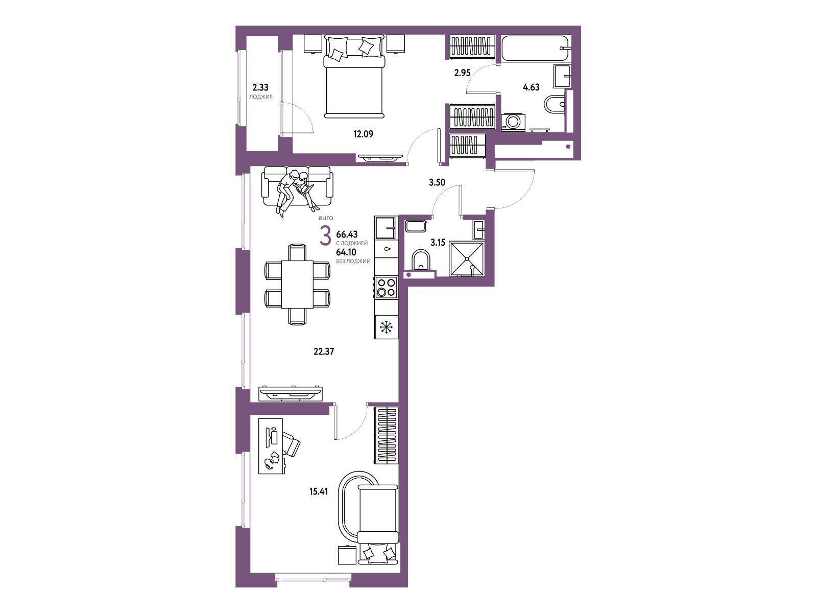 Планировка: 3-комн. квартира 66.43 м² в новостройке Страна Парковая