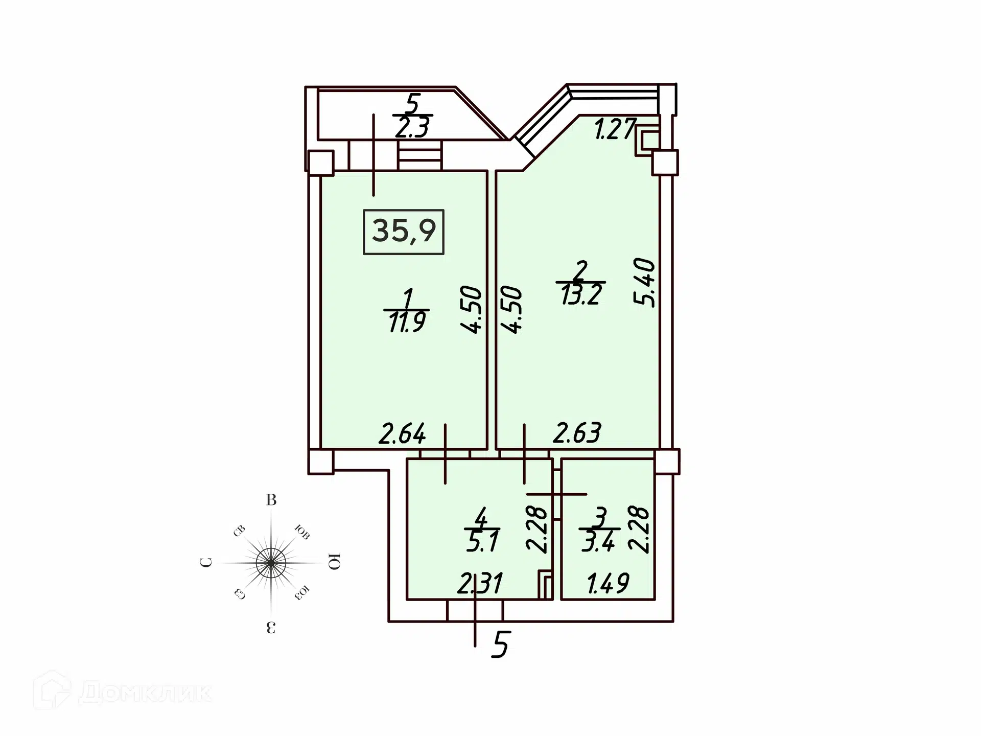 Планировка: 1-комн. квартира 35.90 м² в новостройке Кленовая роща