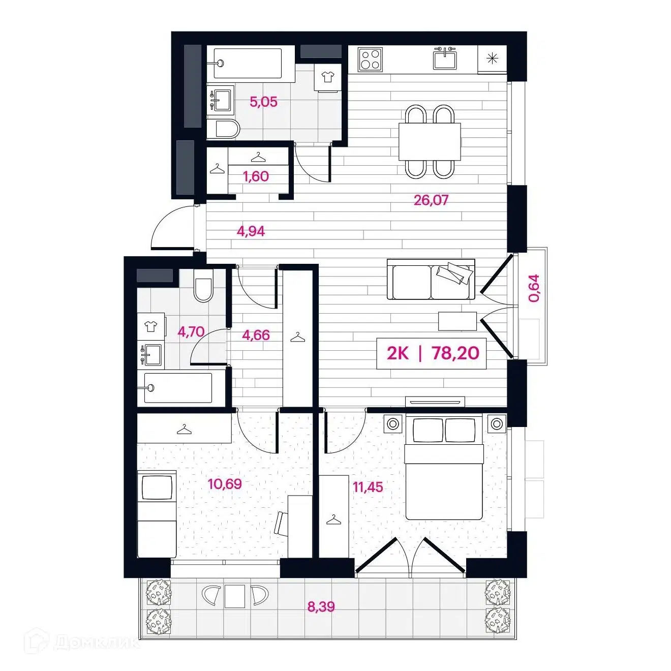 Планировка: 2-комн. квартира 78.71 м² в новостройке Пушкина