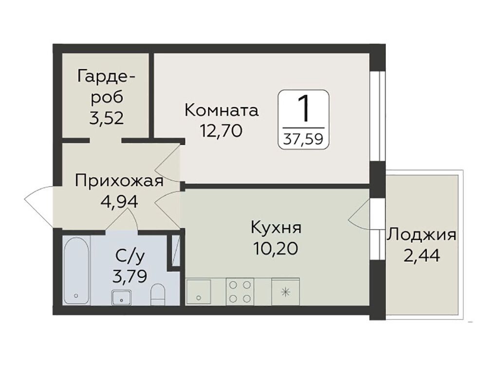 Планировка: 1-комн. квартира 37.59 м² в новостройке Панорама Юкки