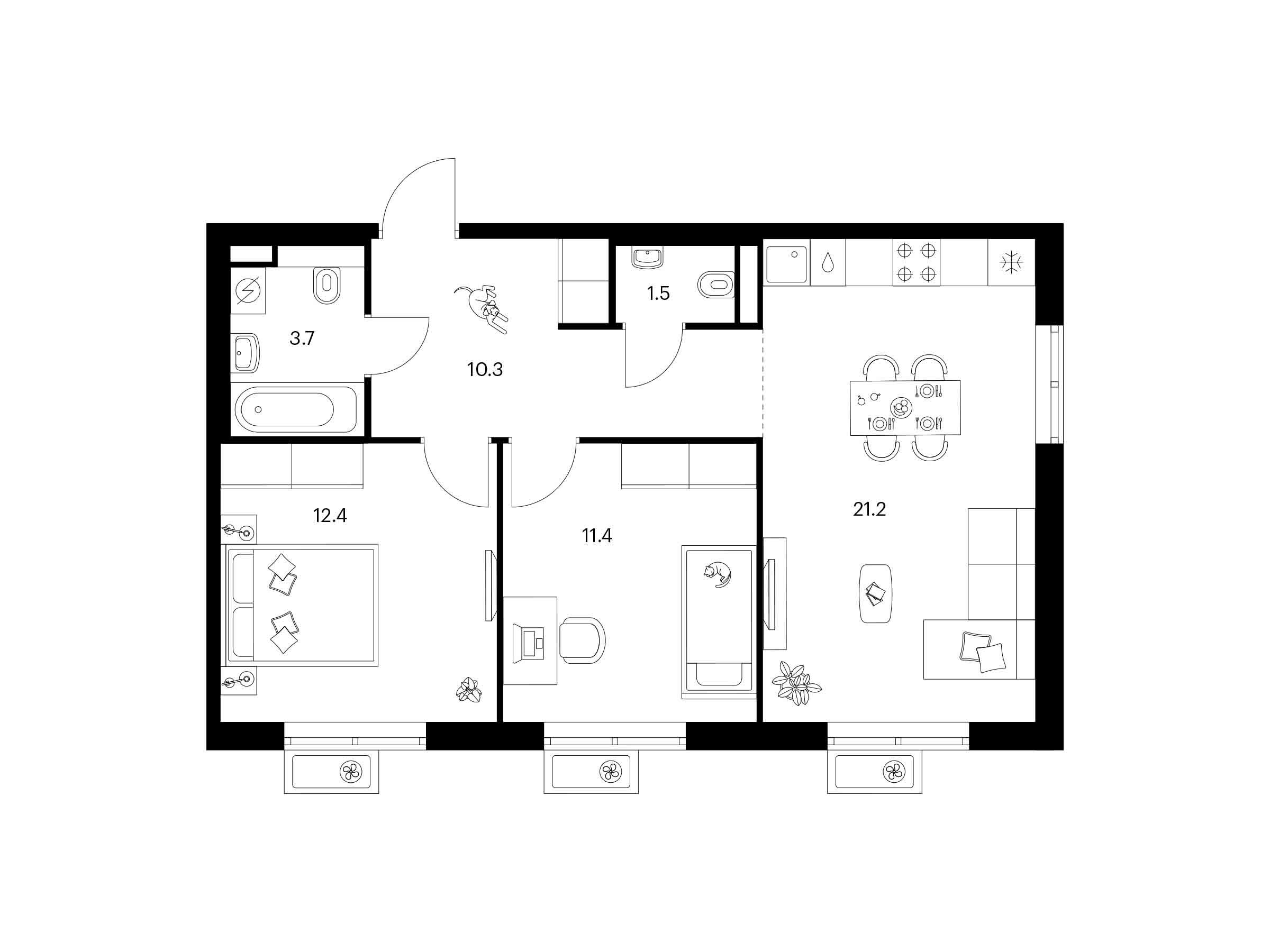 Планировка: 2-комн. квартира 60.50 м² в новостройке Люблинский парк