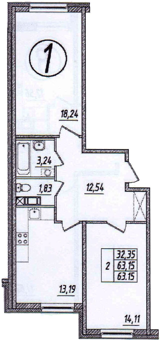 Планировка: 2-комн. квартира 63.00 м² в новостройке Ингрия Лэнд
