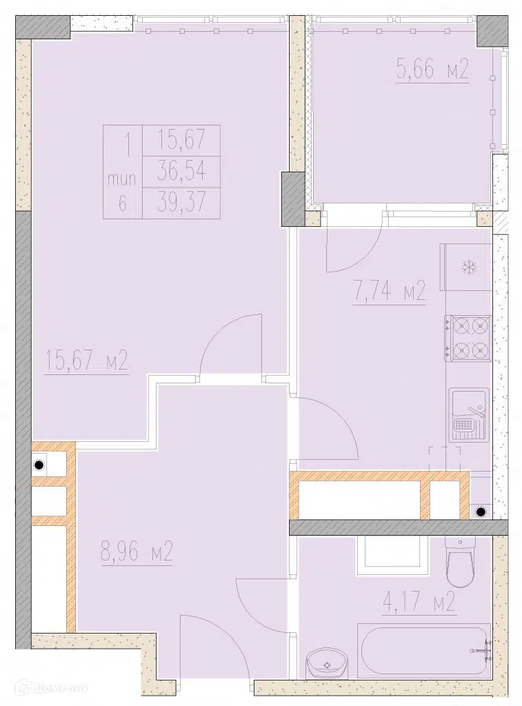 Планировка: 1-комн. квартира 39.37 м² в новостройке Агой-парк