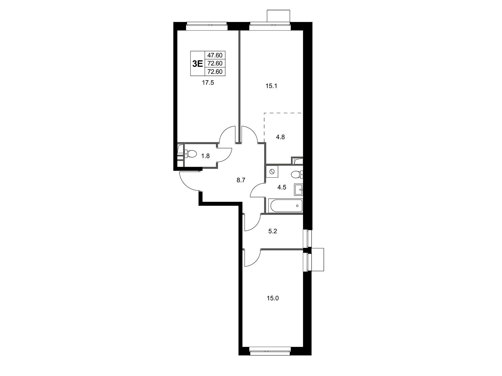 Планировка: 3-комн. квартира 72.60 м² в новостройке Легенда Марусино