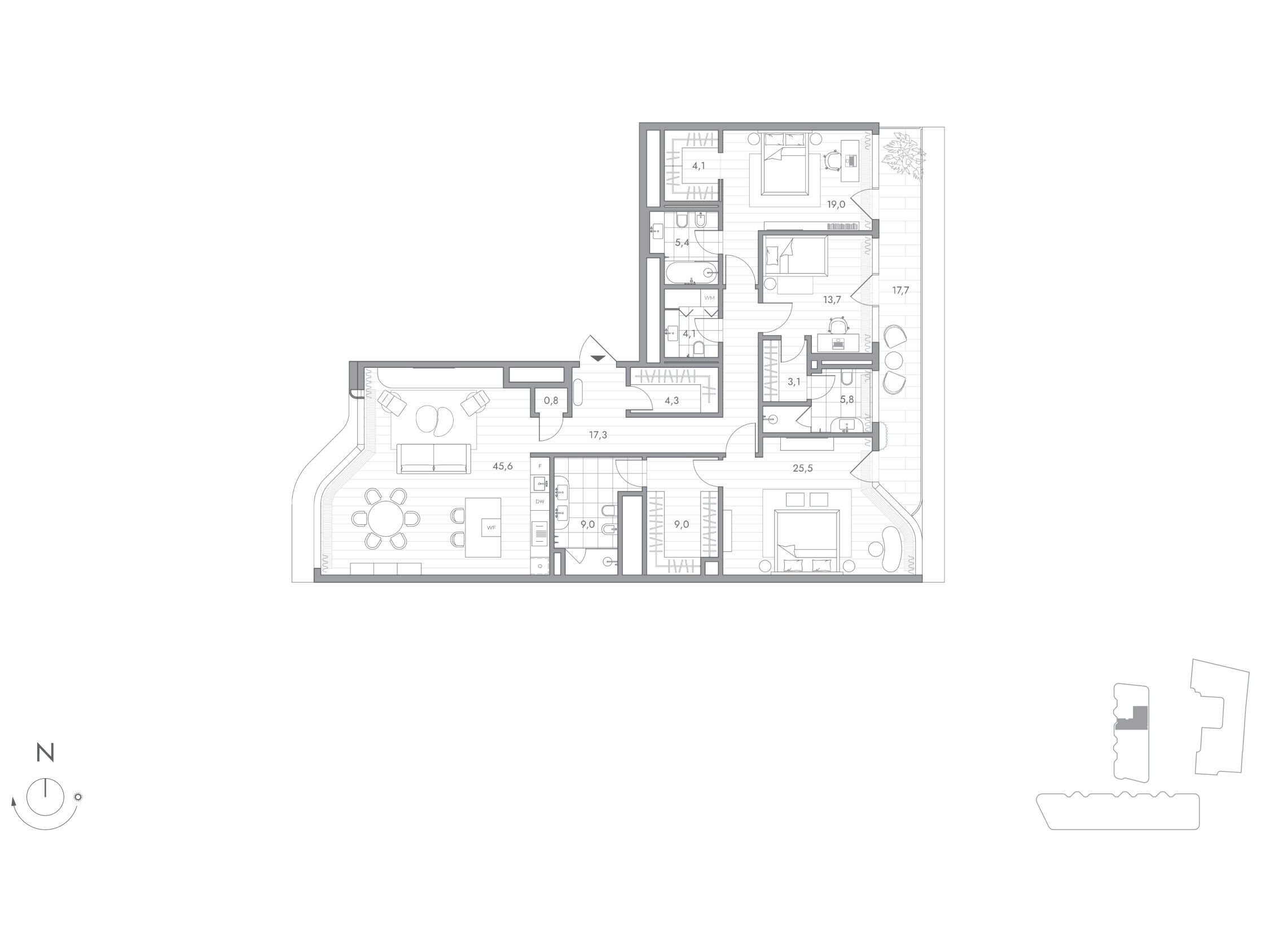 Планировка: 3-комн. квартира 172.00 м² в новостройке Фантом