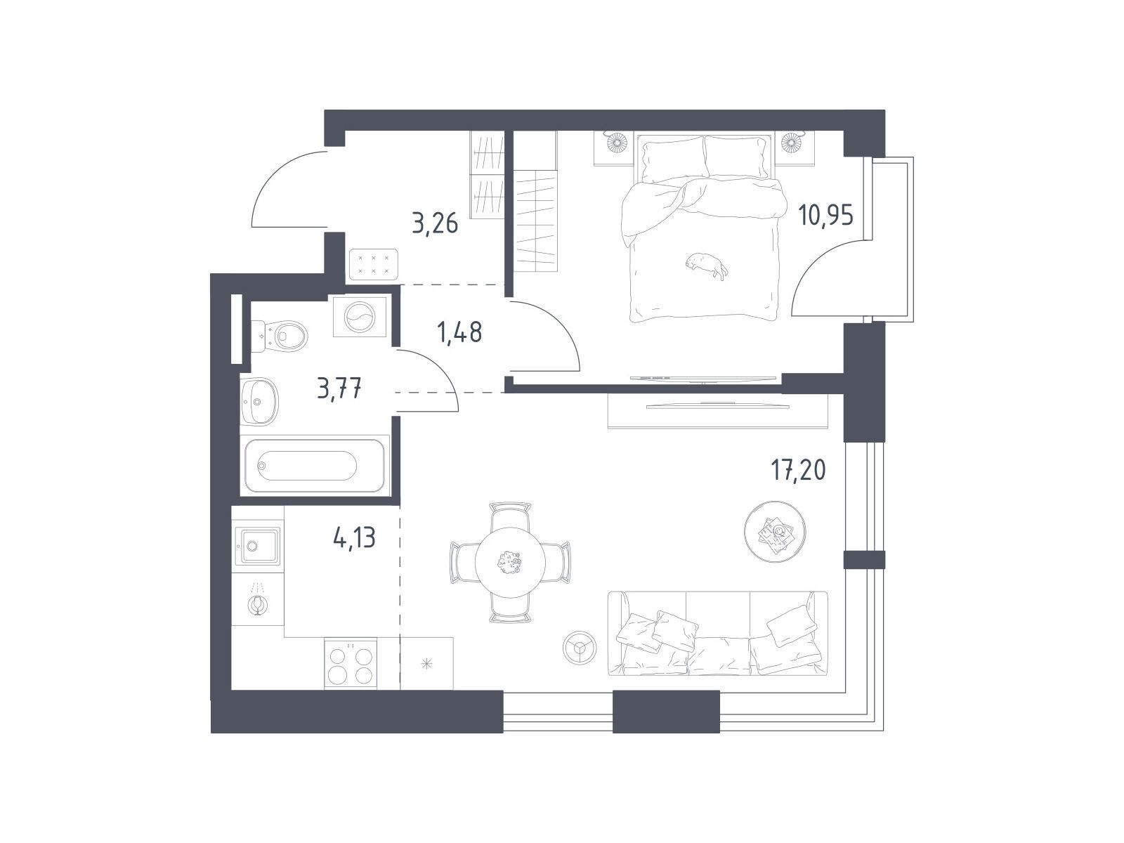 Планировка: 1-комн. квартира 40.79 м² в новостройке Квартал Авиаторов