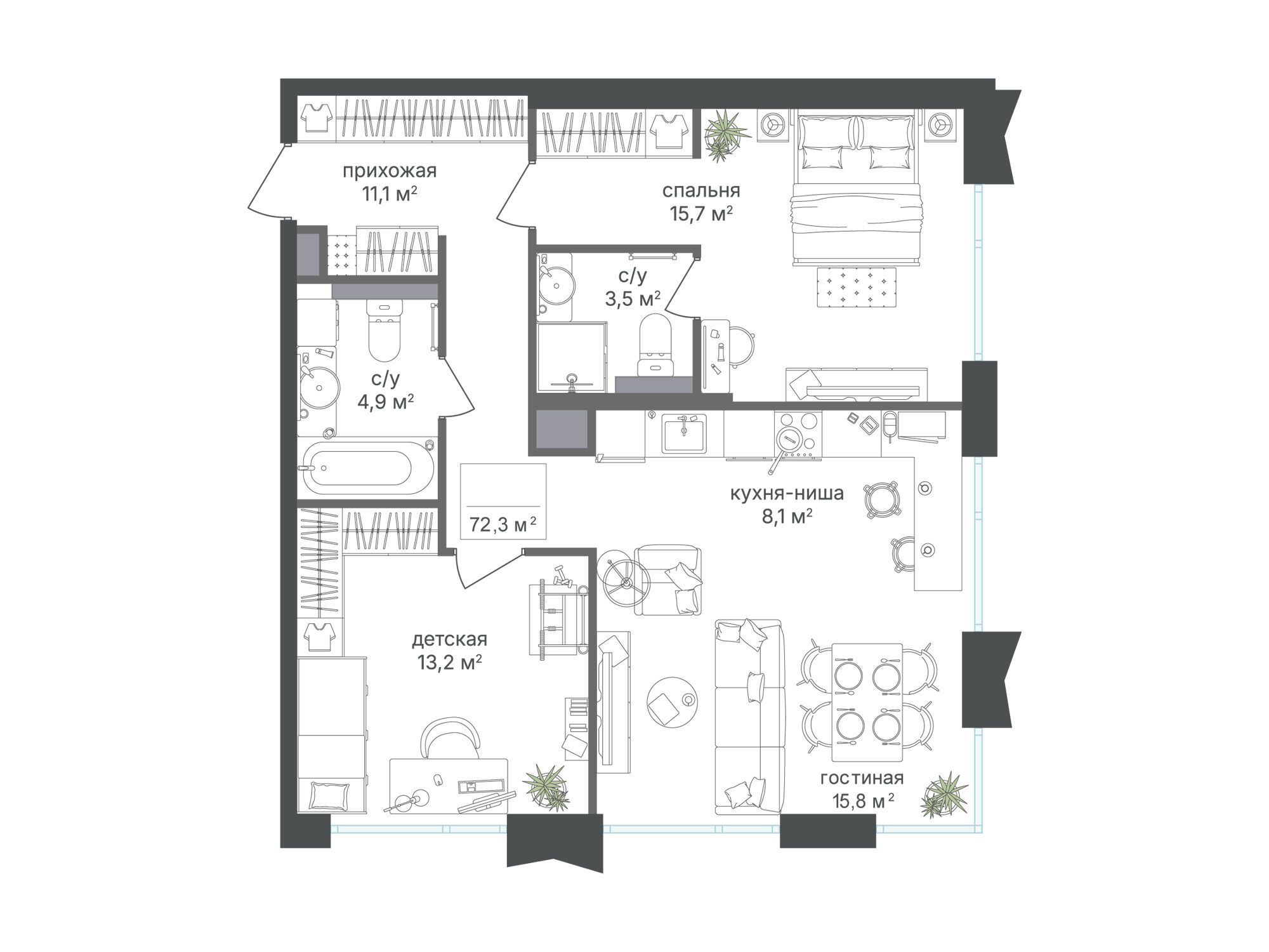 Планировка: 2-комн. квартира 72.30 м² в новостройке Петровский парк II