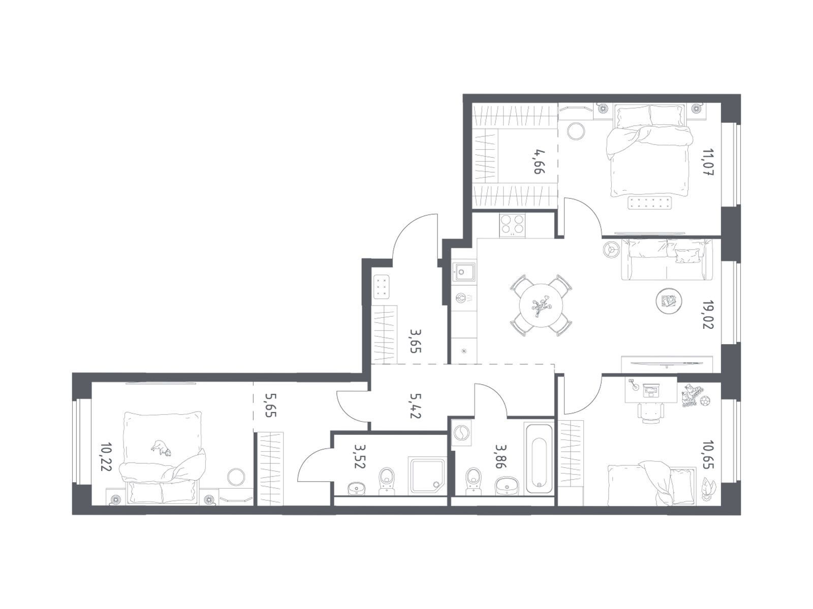 Планировка: 3-комн. квартира 77.71 м² в новостройке Большое Юрлово