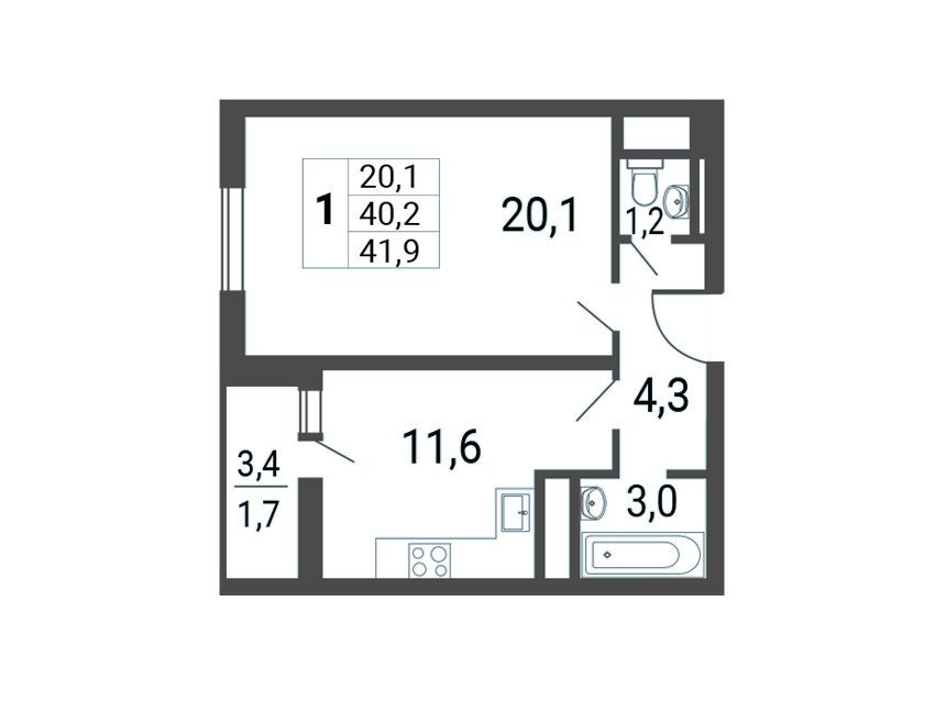 Планировка: 1-комн. квартира 41.90 м² в новостройке Некрасовка