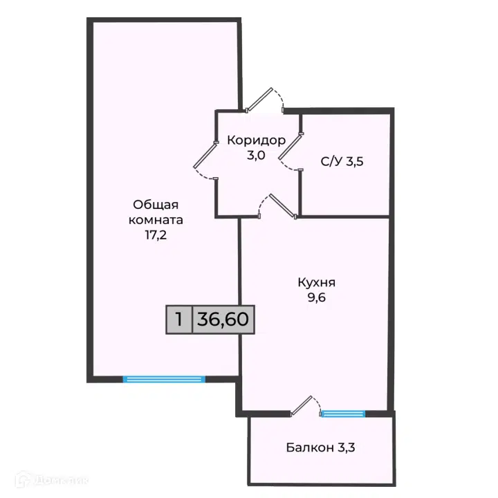 Планировка: 1-комн. квартира 34.95 м² в новостройке Станция Спортивная