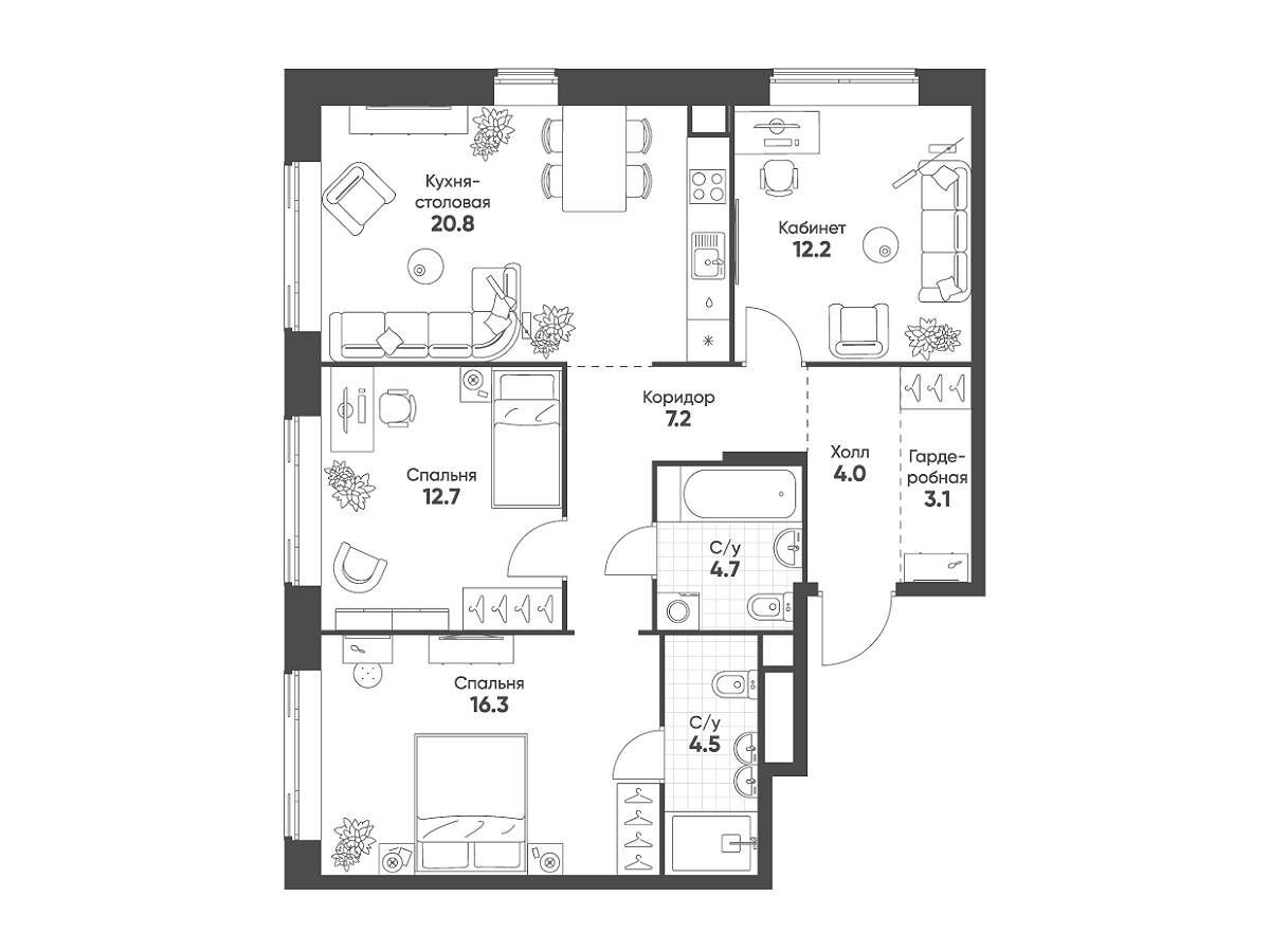 Планировка: 3-комн. квартира 85.50 м² в новостройке Мариин Парк