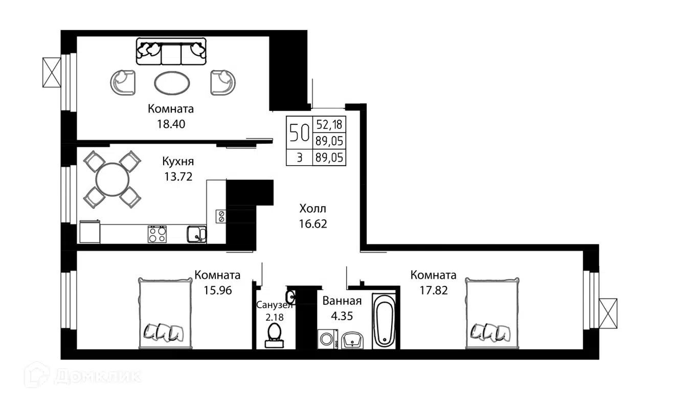 Планировка: 3-комн. квартира 89.05 м² в новостройке Ривьера