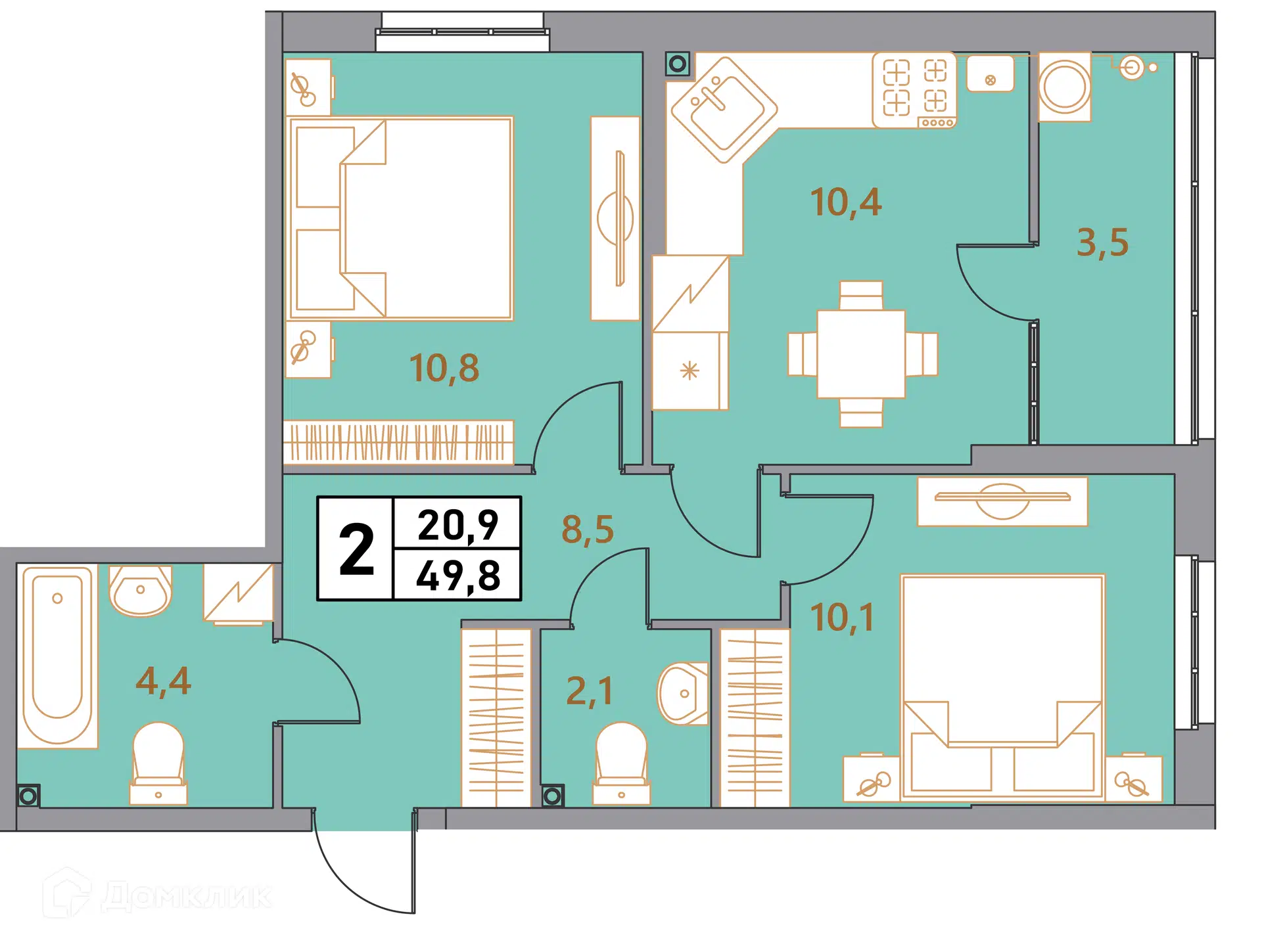 Планировка: 2-комн. квартира 49.80 м² в новостройке Фруктовый сад