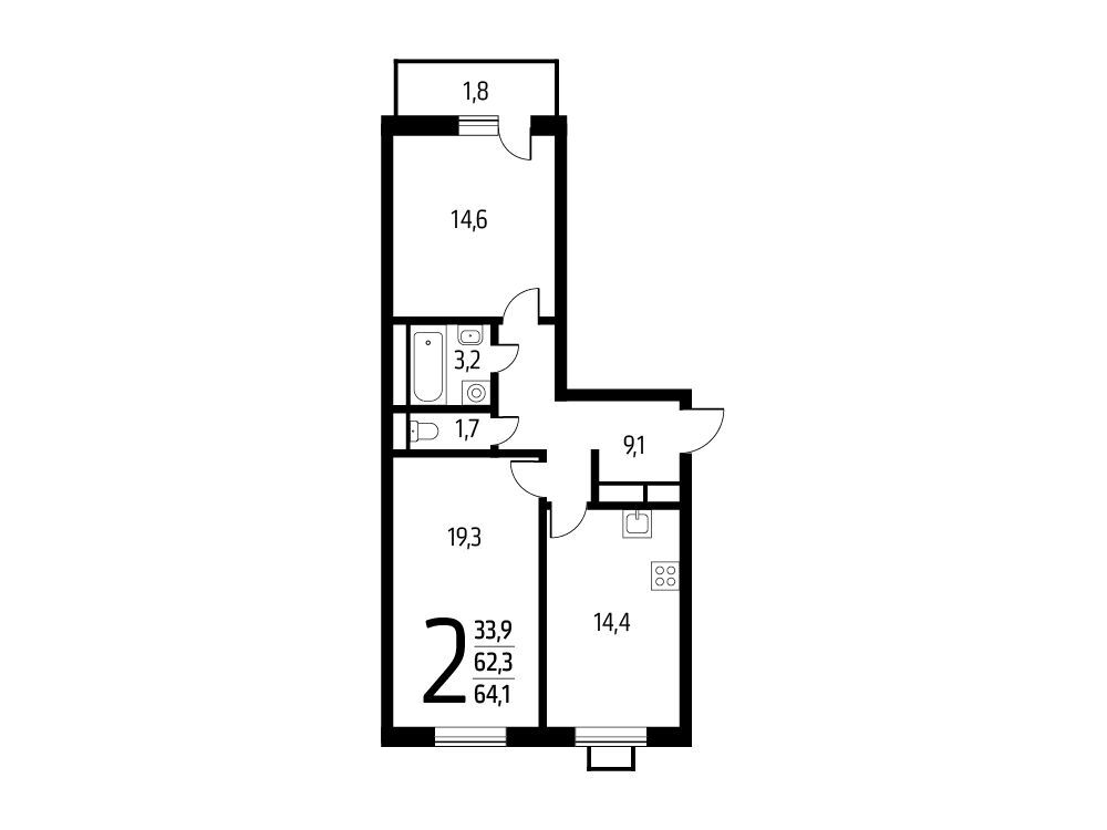 Планировка: 2-комн. квартира 64.10 м² в новостройке Новые Ватутинки