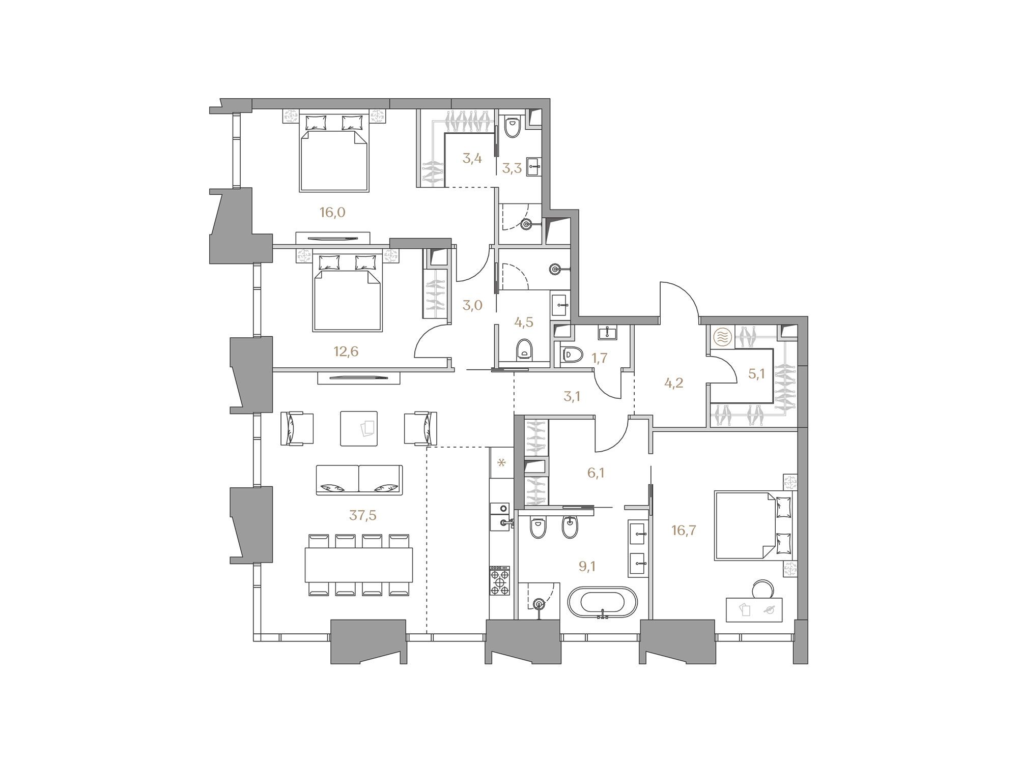 Планировка: 3-комн. квартира 126.30 м² в новостройке Коллекция Лужники