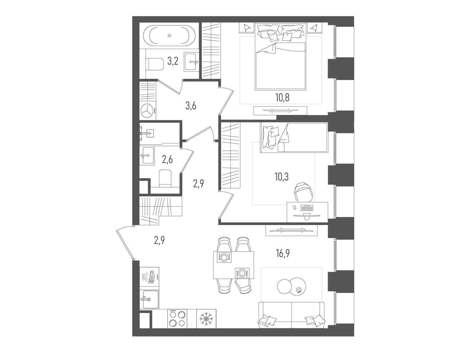 Планировка: 2-комн. квартира 53.20 м² в новостройке ЖК Пейв
