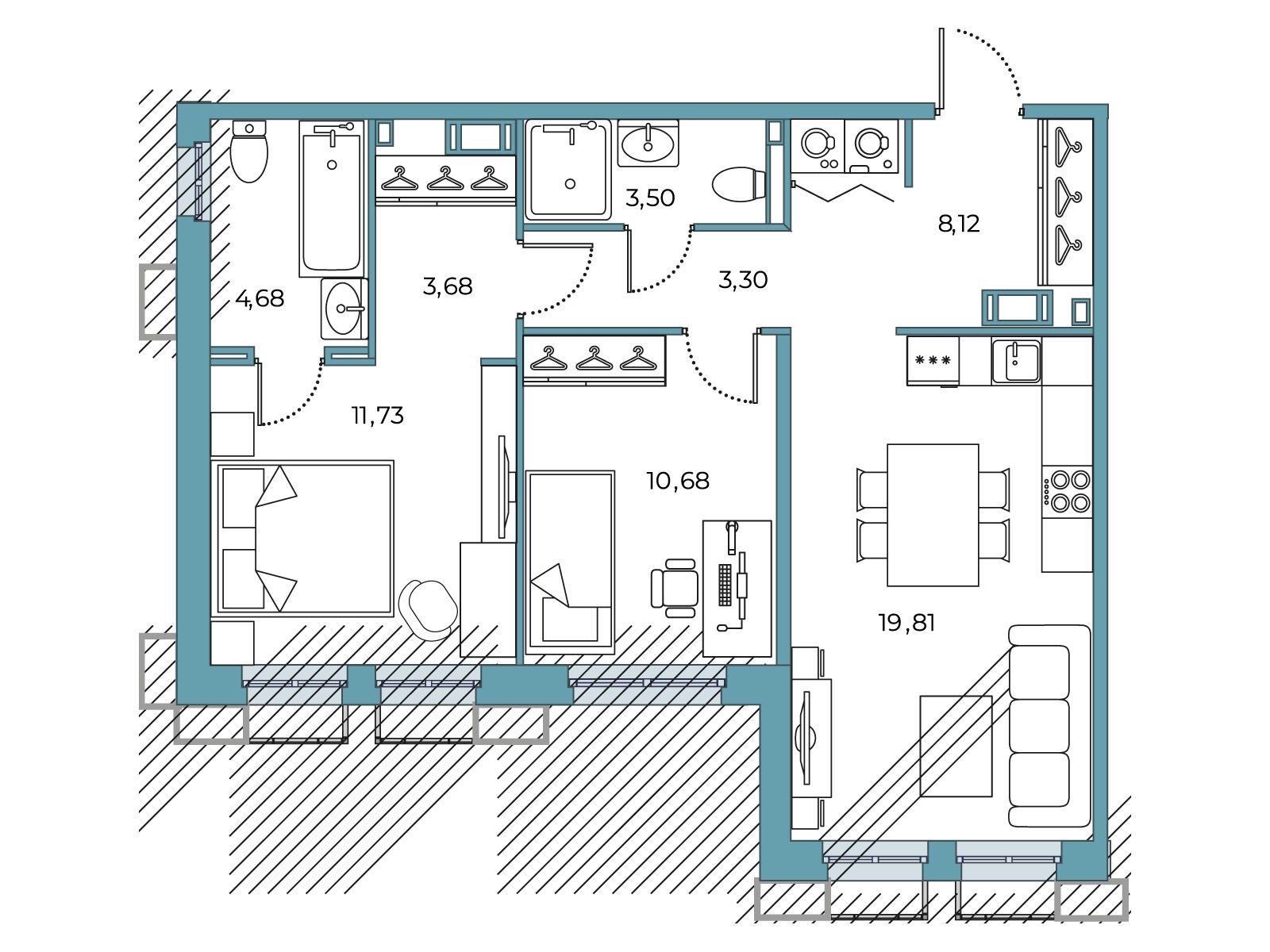 Планировка: 2-комн. квартира 64.60 м² в новостройке Взлетная 16